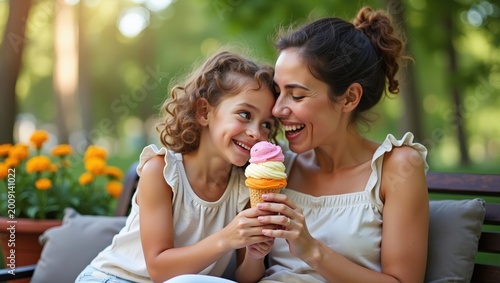 happy mother with little daughter sharing ice cream outdoors, warm family moment, smiling faces, tender connection, summer lifestyle, parenting love, childhood joy