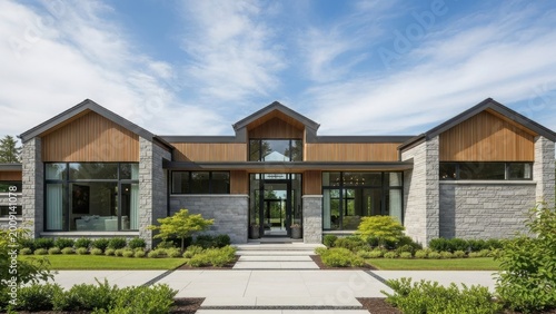 Modern stone and wooden house with large windows and well-kept front yard