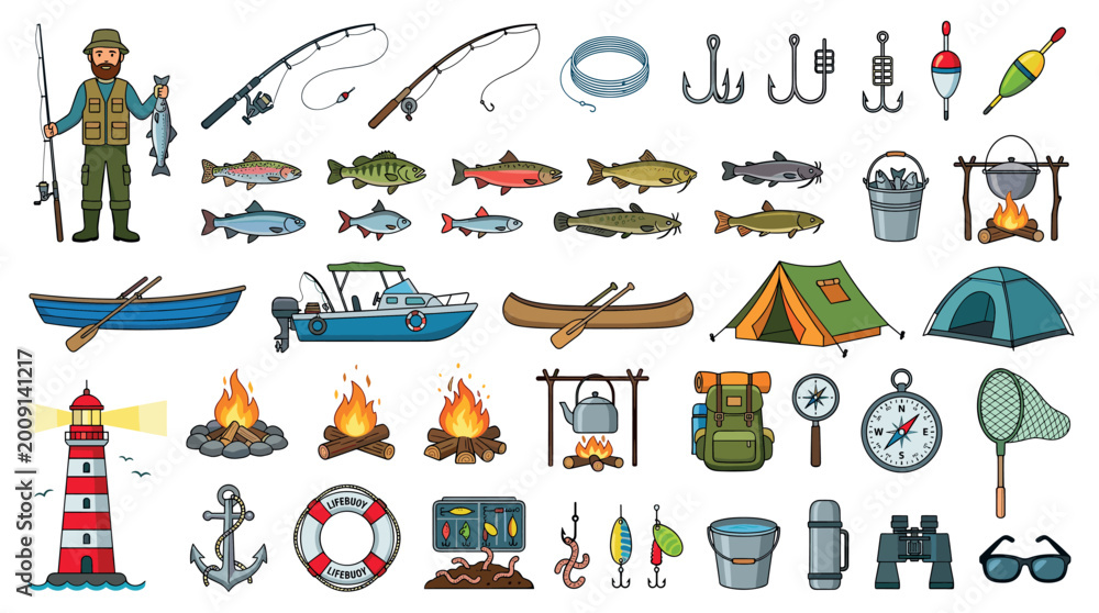 Naklejka premium Fisherman fishing rod boat fish tent campfire lighthouse compass binoculars icon set, vector illustration in flat design