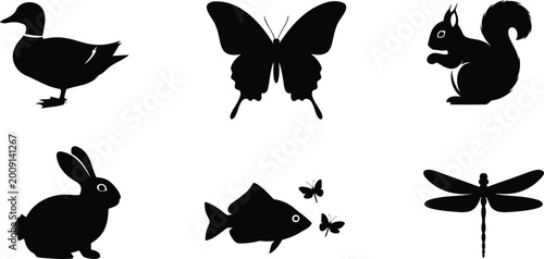 Photography Collection of wild animals and forest creatures as black silhouette vector illustration