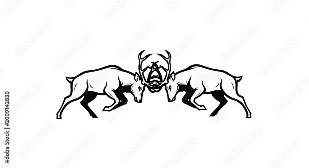 Fototapeta premium Two horned animals clash heads, abstract shape between them