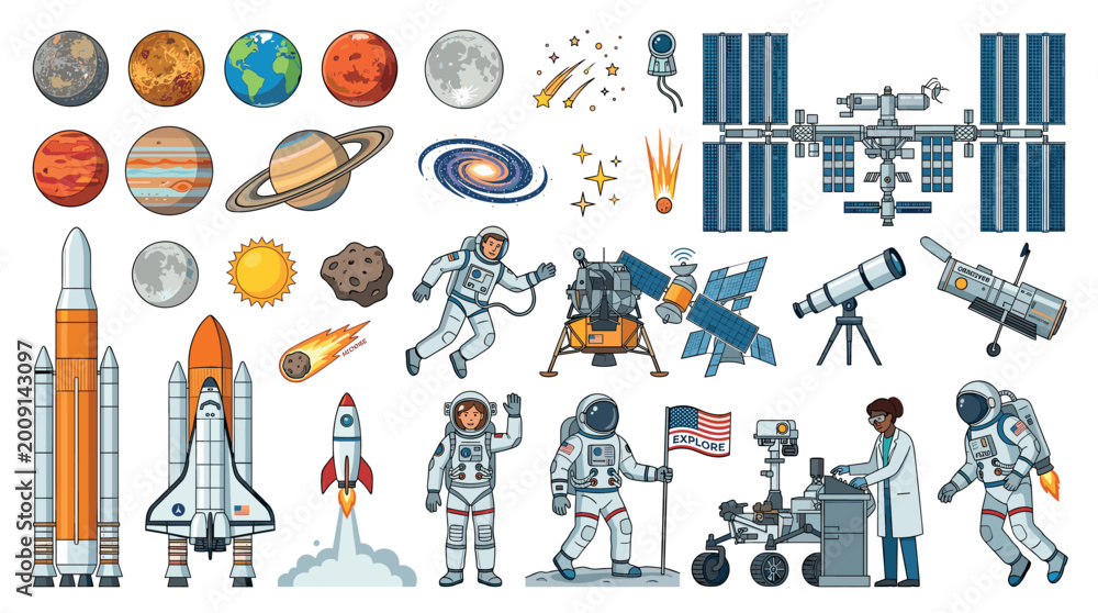 Fototapeta premium Planets, rockets, astronauts, space station, and telescope vector illustration set for cosmic exploration and science education