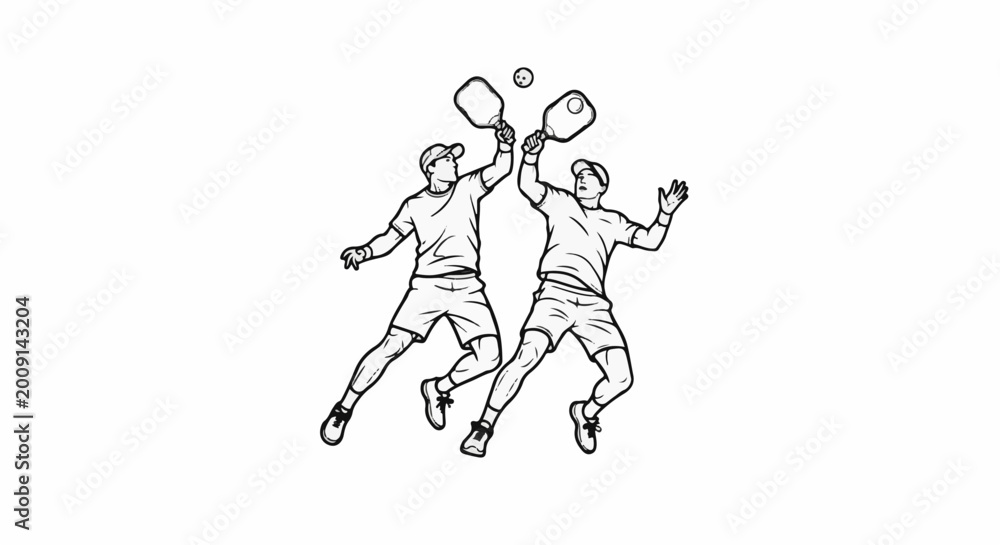 Fototapeta premium Two men in athletic wear playing pickleball, reaching for the ball