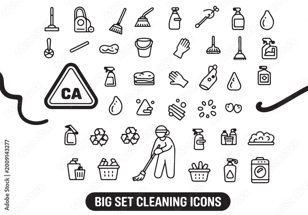 Fototapeta premium Cleaning icons big set including housekeeping tools detergent bottles sponges sprayers brooms buckets and hygiene maintenance.