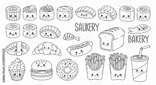 Whimsical kawaii food illustrations sushi, bread, hotdog, fries, donut, cupcake, burger, croissant