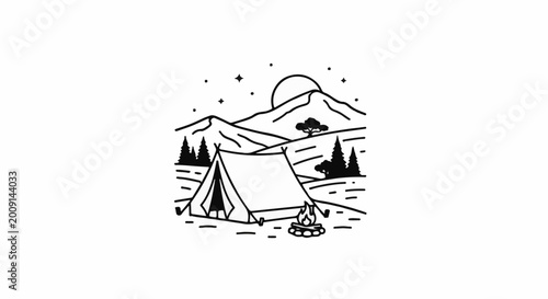 A black and white line drawing of a campsite with a tent, campfire, and mountains at night
