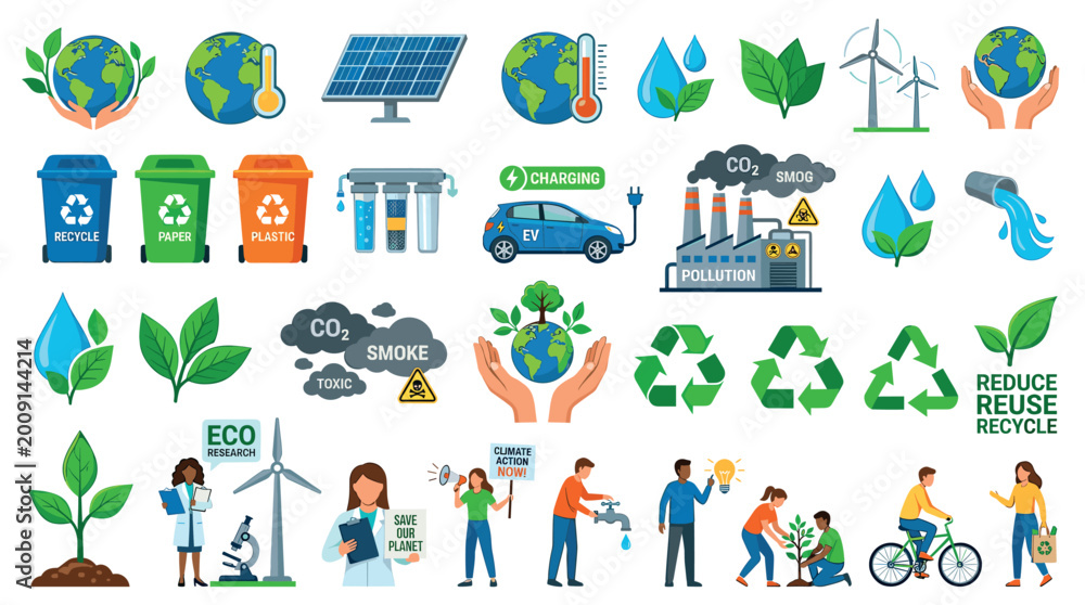 Naklejka premium Earth globe hands solar panel recycling bins electric car factory pollution wind turbines water drops leaves people planting riding bicycle icons set