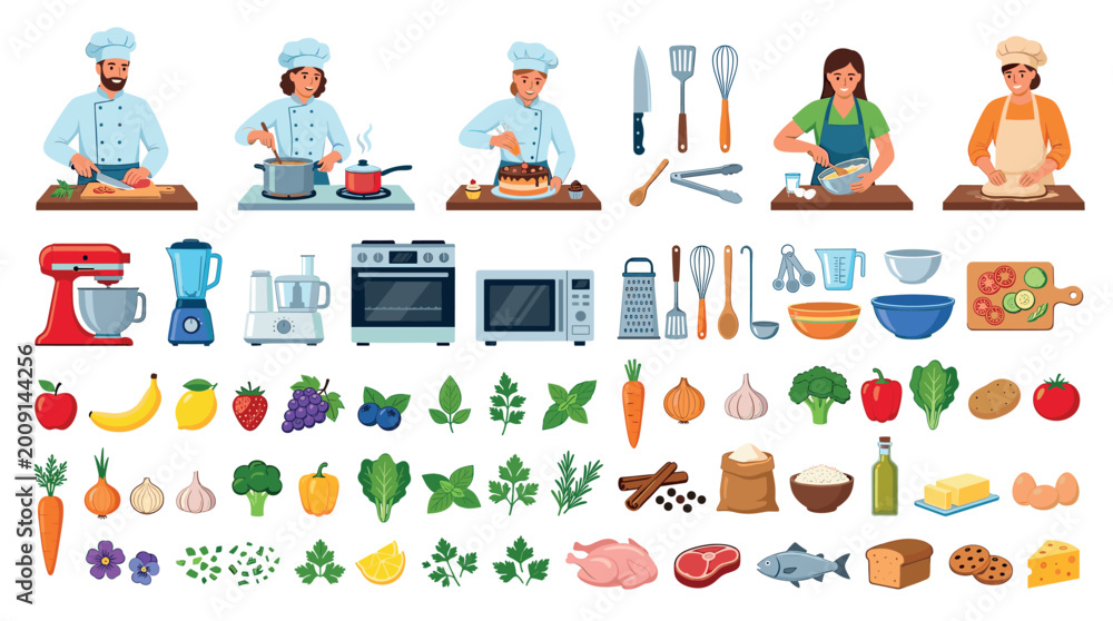 Fototapeta premium Chefs cooking food, kitchen appliances, utensils, fruits, vegetables, and ingredients vector illustration set