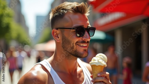 Smiling man enjoying colorful soft serve ice cream on sunny city street, close up portrait, summer travel mood, candid lifestyle moment, joyful expression, urban background blur