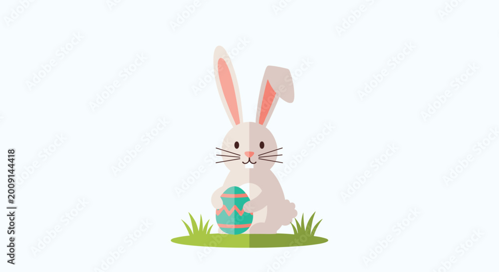 Obraz premium Friendly bunny rabbit sitting in green grass and holding a patterned turquoise egg against a plain white background in a flat design art.