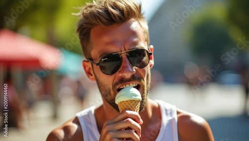 Smiling man enjoying colorful soft serve ice cream on sunny city street, close up portrait, summer travel mood, candid lifestyle moment, joyful expression, urban background blur