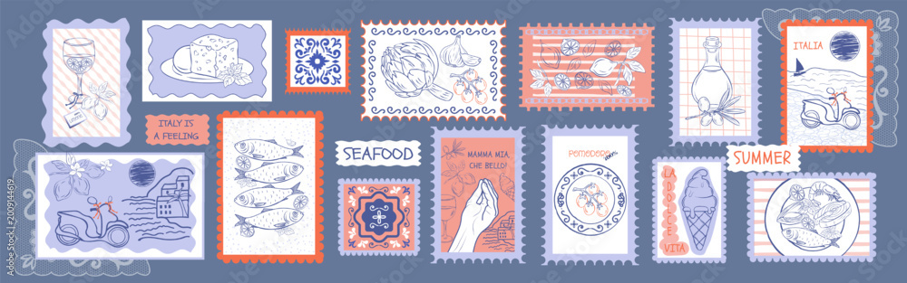 Obraz premium Mediterranean postcard collection inspired by Italian travel lifestyle. Coastal Amalfi ,Capri, Sicily, vacation bg. Doodle hand drawn Italian stamp. Seafood, lemon, artichaut, tomate