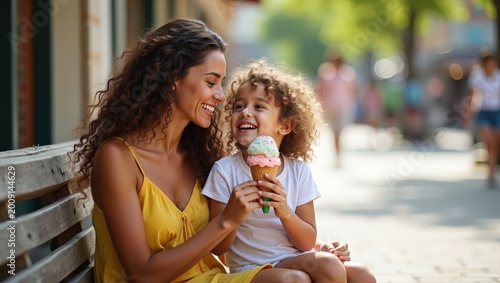 Happy mother with little daughter sharing ice cream outdoors, warm family moment, smiling faces, tender connection, summer lifestyle, parenting love, childhood joy