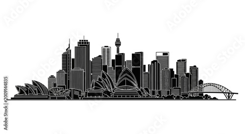 Sydney skyline silhouette with Opera House and Harbour Bridge on white background