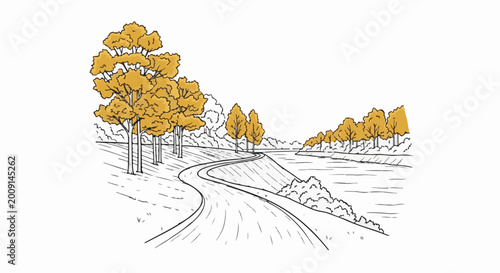 Winding path beside autumn trees and a calm body of water