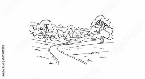 Winding country road through rolling hills, bordered by trees