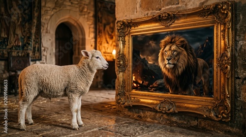 Lamb standing before large golden frame with lion reflection. Concept of biblical imagery representing Jesus as the lion of Judah and lamb of God in ancient stone interior room.