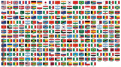 World national flags vector grid collection featuring colorful country emblems, international identity, global diversity, sovereignty symbols, patriotic designs, educational infographic, multicultural