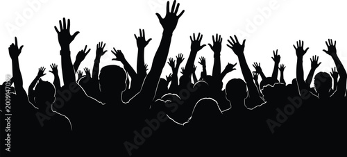 Photos Crowd silhouette with raised hands black shapes against a white background high