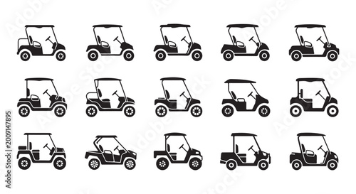 Foto Set of fifteen golf cart vector illustrations isolated on white background for sports leisure graphic