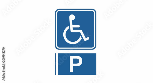 A blue square sign with a white wheelchair symbol above a blue rectangle with a white P