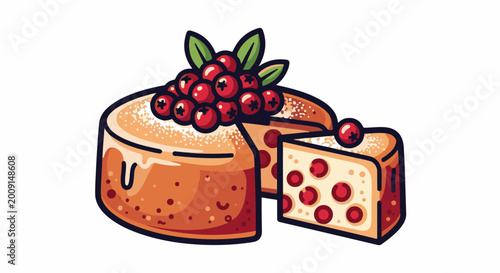 A cartoonish fruit cake with a slice cut out, topped with berries