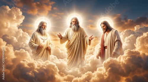 Holy Trinity concept with God, Jesus Christ and the Holy Spirit represented by a dove. Divine figures in heaven above clouds. Traditional biblical scene for religious worship artwork.