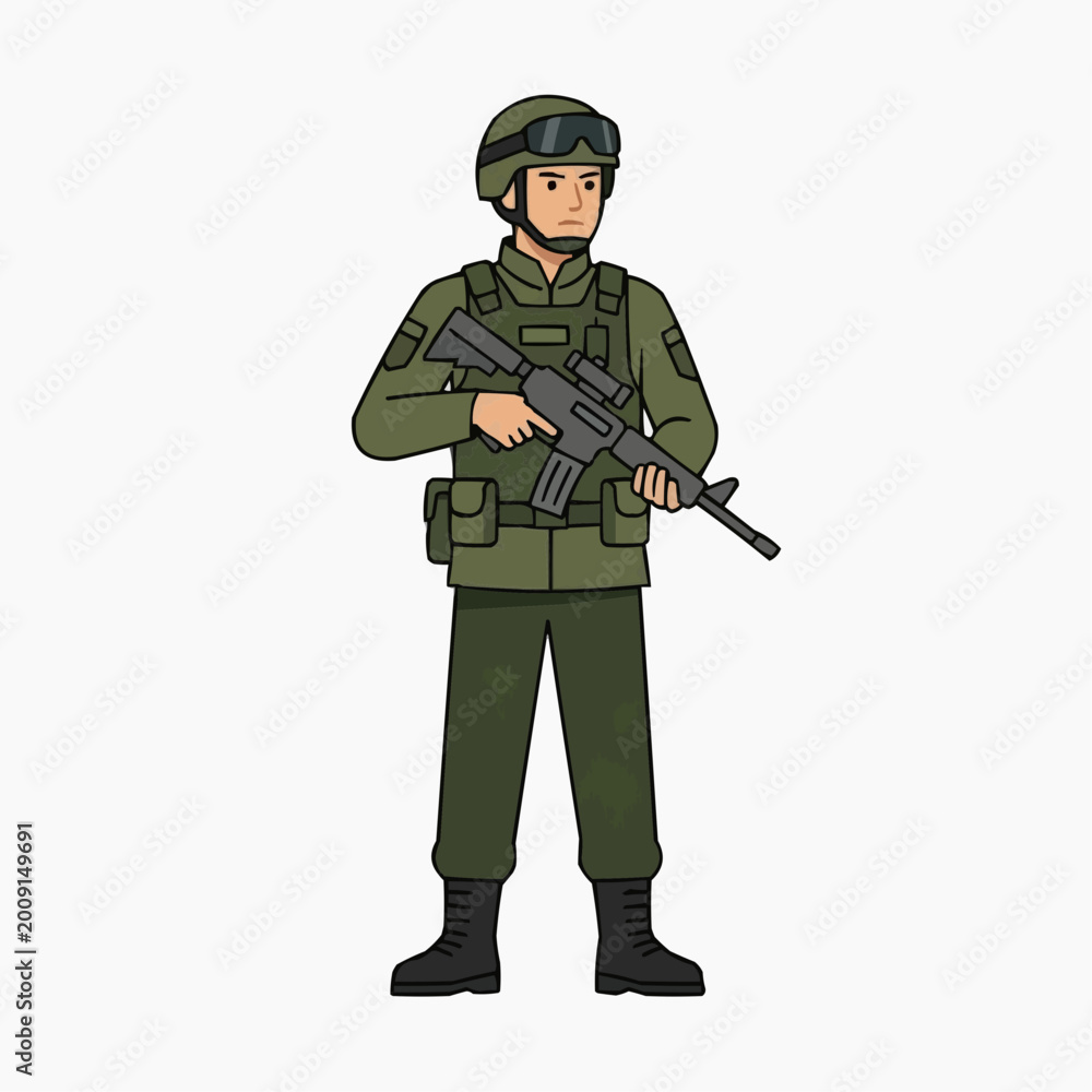 Naklejka premium Armed Soldier Illustration: An illustration of a soldier stands at attention, clad in full battle gear, with a rifle in hand, representing readiness and defense.
