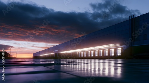 Twilight illuminates a modern distribution center’s vast entrance revealing a dynamic industrial landscape