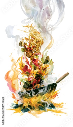 Vibrant watercolor stir-fry illustration captures energetic cooking motion and delicious food artistry