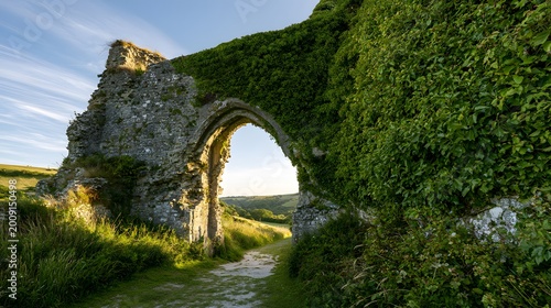 Ancient castle gatehouse ruins evoke a peaceful English countryside scene bathed in soft sunlight
