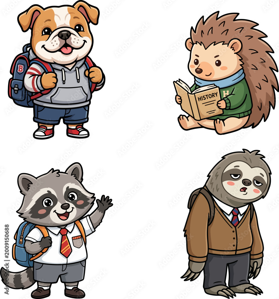 Fototapeta premium Cute School Animal Characters Cartoon Flat Vector Illustration Set