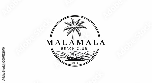 Vintage beach club logo with palm tree, waves, and island silhouette