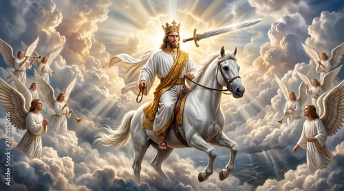 Jesus Christ riding a white horse in heaven with a crown and sword. Religious art depicting the biblical return of the messiah surrounded by angels in the clouds. Christian worship concept.