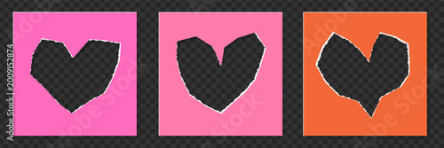 Set of three torn paper heart frames with rough ripped edges on colorful sheets, empty transparent centers for photos or text, vintage scrapbook collage template for Valentine, love notes, diary