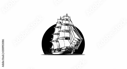 Vintage sailing ship illustration against a black circular background