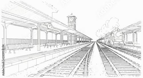Vintage train arriving at a covered station with a clock tower and benches