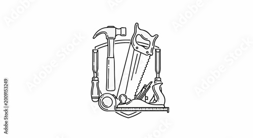Vintage woodworker's tools emblem, including a hammer, saw, plane and chisels