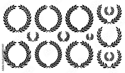 Tableau sur toile Black laurel wreath set vector circular foliate branches greek emblem floral bad