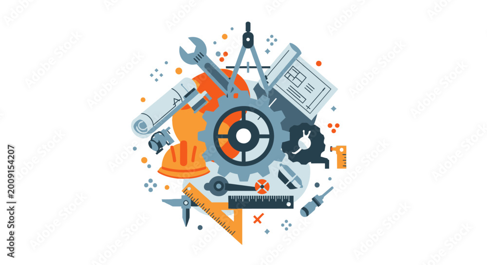 Fototapeta premium Technical Engineering and Architecture Tools Vector Illustration with Cogwheel, Wrench, Blueprint, Ruler, and Hard Hat Icons for Industrial Design Concept