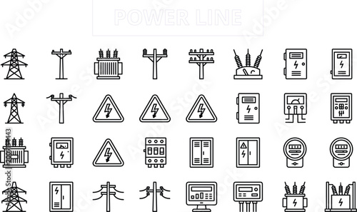Cuadro en lienzo Power line and electrical infrastructure icon set with transformers, poles, warn