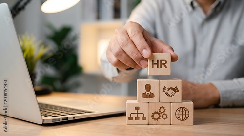 HR Management and Human Resources Concept with Wooden Blocks Representing Teamwork, Organization, and Business Structure