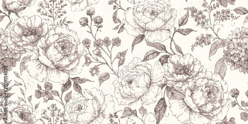 Quadro su tela Delicate Floral Pattern in Sepia Tones A Timeless Design with Roses and Blossoms