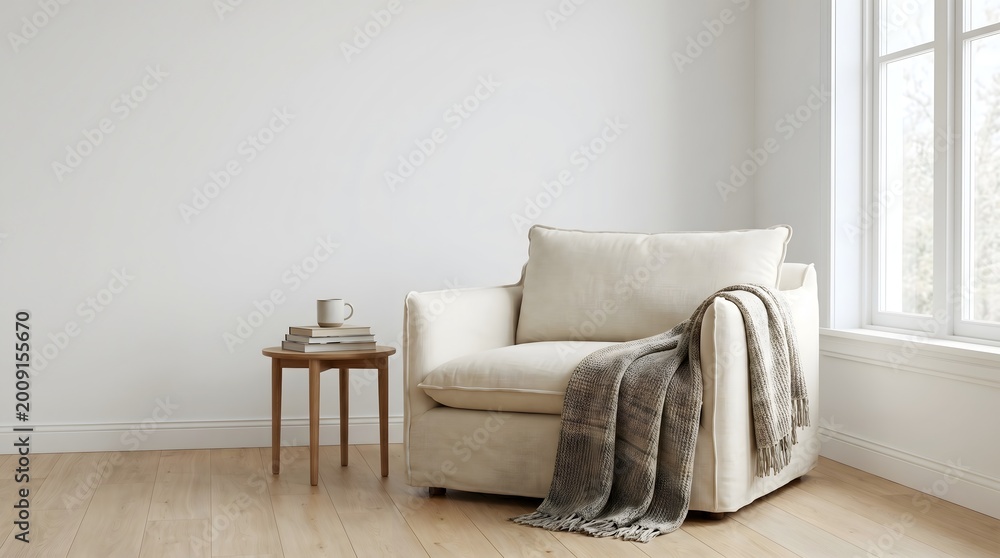 Fototapeta premium Cozy cream armchair with textured throw and side table