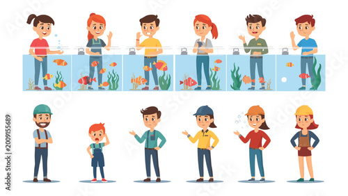 Foto Aquarium Observation: A diverse group of people from different ages and backgrounds gathered to observe a colorful aquarium, with playful fishes swimming in a clear tank