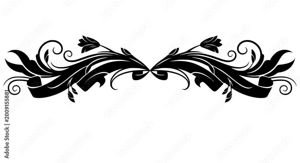 Fototapeta premium Black Vintage Decorative Floral Scroll Border Divider Silhouette