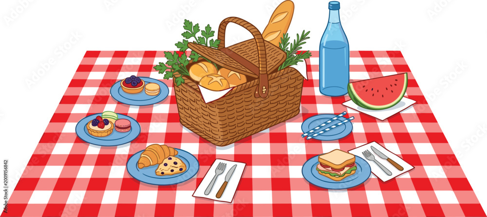 Fototapeta premium Outdoor Picnic Spread on Red Checkered Blanket with Basket Bread Croissant Watermelon Water Bottle Vector Illustration