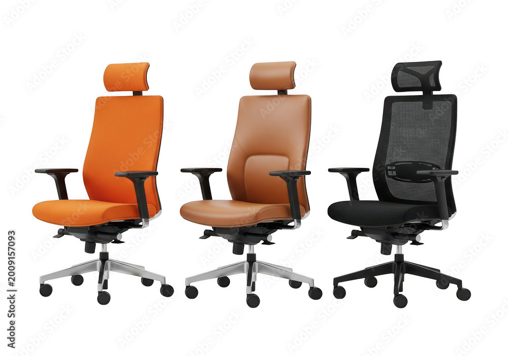 Obraz premium Three modern office chairs in different colors arranged side by side