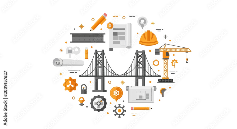 Fototapeta premium Engineering and Construction Concept with Bridge, Crane, Blueprints, and Industrial Icons Vector Illustration