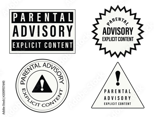 Black and white parental advisory explicit content label vector set with varied shapes